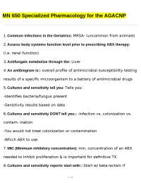MN 650 Specialized Pharmacology for the AGACNP: Exercises and Questions