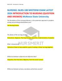 NURS 100 - Introduction to Nursing: Midterm Exam Questions and Answers