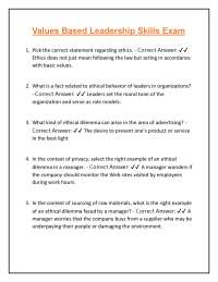 Values Based Leadership Skills Exam: Multiple Choice Questions