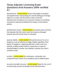 Texas Adjuster Licensing Exam Questions And Answers 100% verified A+