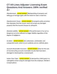 CT All-Lines Adjuster Licensing Exam Questions And Answers 100% verified A+