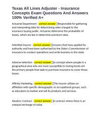 Texas All Lines Adjuster - Insurance Concepts Exam Questions And Answers 100% Verified A+