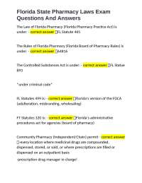 Florida State Pharmacy Laws Exam Questions And Answers