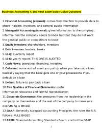 Business Accounting A-100 Final Exam Study Guide Questions