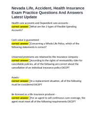 Nevada Life, Accident, Health Insurance Exam Practice Questions And Answers Latest Update