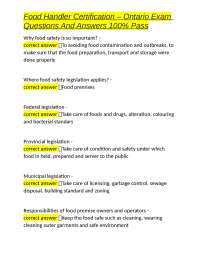 Food Handler Certification - Ontario Exam: Questions and Answers
