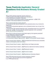 Texas Pesticide Applicator General Questions And Answers Already Graded A+