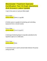 Wastewater Treatment Operator Certification Test #4 Exam Questions and Answers
