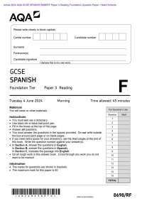 .Actual 2024 AQA GCSE SPANISH 8698/RF Paper 3 Reading Foundation Question Paper + Mark Sch