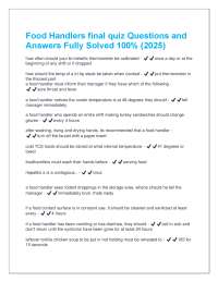 Food Handlers final quiz Questions and Answers Fully Solved 100% (2025)