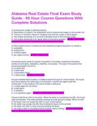 Alabama Real Estate Final Exam Study Guide - 60 Hour Course Questions With Complete Soluti