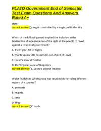 PLATO Government End of Semester Test Exam Questions And Answers Rated A+