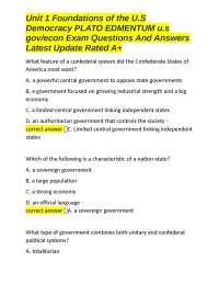 Unit 1 Foundations of the U.S Democracy PLATO EDMENTUM u.s gov/econ Exam Questions And Ans