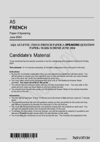 AQA AS LEVEL (7651/3) FRENCH PAPER 3: SPEAKING QUESTION PAPER+ MARK SCHEME JUNE 2024