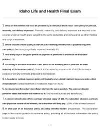 Idaho Life and Health Insurance Final Exam: Multiple Choice Questions and Answers