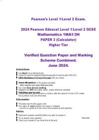 2024 Pearson Edexcel Level 1/Level 2 GCSE  Mathematics 1MA1/3H  PAPER 3 (Calculator)   Hig