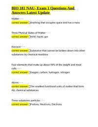 BIO 181 NAU- Exam 1 Questions And Answers: A Comprehensive Guide to Basic Biology Concepts