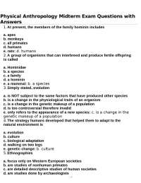 Physical Anthropology Midterm Exam Questions with Answers