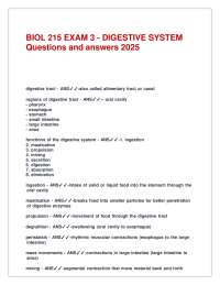 BIOL 215 EXAM 3 - DIGESTIVE SYSTEM: Questions and Answers