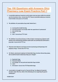 Top 100 Questions with Answers Ohio Pharmacy Law Exam Practice Part 1