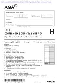 2024 AQA GCSE COMBINED SCIENCE: SYNERGY 8465/2H Paper 2 Question Paper + Mark Scheme + Ins