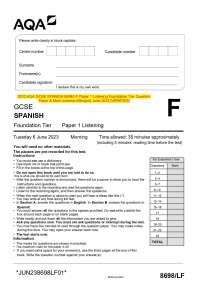 AQA GCSE SPANISH 8698/LF Paper 1 Listening Foundation Tier Question Paper & Mark scheme (M