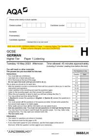 3 AQA GCSE GERMAN 8668/LH Paper 1 Listening Higher Tier Question Paper & Mark scheme (Merg