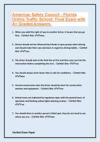 American Safety Council - Florida Online Traffic School: Final Exam with A+ Graded Answers