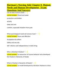 Hartman's Nursing Aide Chapter 8- Human Needs and Human Development-  Exam Questions And A