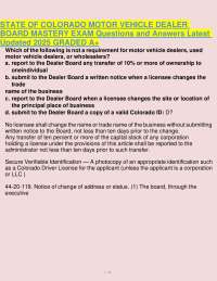 STATE OF COLORADO MOTOR VEHICLE DEALER BOARD MASTERY EXAM Questions and Answers Latest Upd