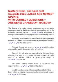 Mastery Exam, Car Sales Test  Colorado 2025 LATEST AND NEWEST  UPDATE WITH CORRECT QUESTIO