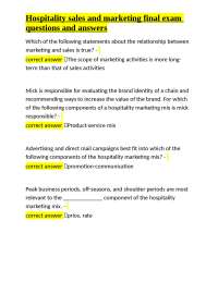 Hospitality sales and marketing final exam questions and answers
