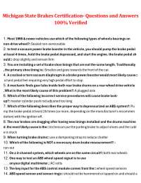Michigan State Brakes Certification- Questions and Answers  100% Verified