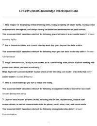 LDR-201S (NCOA) Knowledge Checks Questions: Leadership, Management, and Project Management