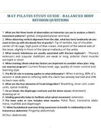 MAT PILATES STUDY GUIDE - BALANCED BODY REVISION QUESTIONS