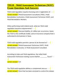 TDLR - Mold Assessment Technician (MAT) Exam Questions and Answers