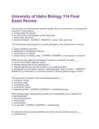 University Biology 114 Final Exam Review: Animal Evolution and Diversity