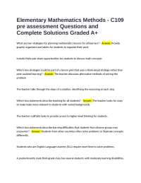 Elementary Mathematics Methods - C109 pre assessment Questions and Complete Solutions Grad