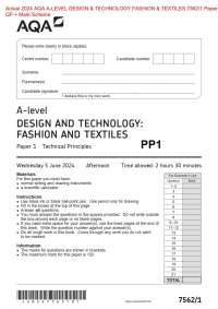 Actual 2024 AQA A-LEVEL DESIGN & TECHNOLOGY FASHION & TEXTILES 7562/1 Paper 1 QP + Mark Sc