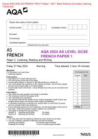 Actual 2024 AQA AS FRENCH 7651/1 Paper 1 QP + Mark Scheme (Includes Listening  Transcript)