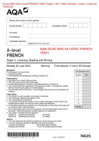Actual 2024 AQA A-level FRENCH 7652/1 Paper 1 QP + Mark Scheme + Insert + Listening  Trans