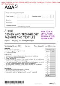 Actual 2024 AQA A-LEVEL DESIGN & TECHNOLOGY: FASHION & TEXTILES 7562/2 Paper 2  QP + Mark