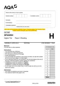 2023 AQA GCSE SPANISH 8698/RH Paper 3 Reading Higher Tier Question Paper  & Mark scheme (M