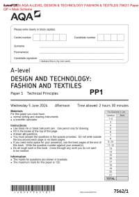 Actual 2024 AQA A-LEVEL DESIGN & TECHNOLOGY FASHION & TEXTILES 7562/1 Paper 1 QP + Mark Sc