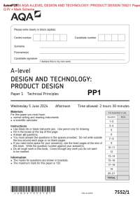 Actual 2024 AQA A-LEVEL DESIGN AND TECHNOLOGY: PRODUCT DESIGN 7552/1 Paper 1 Q Pr + Mark S