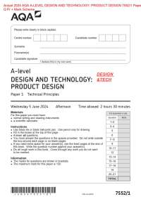 Actual 2024 AQA A-LEVEL DESIGN AND TECHNOLOGY: PRODUCT DESIGN 7552/1 Paper 1  Q Pr + Mark