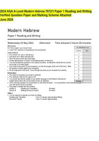 2024 AQA A-Level Modern Hebrew 7672/1 Paper 1 Reading and Writing  Verified Question Paper