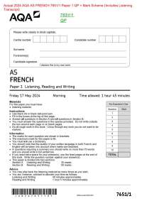 Actual 2024 AQA AS FRENCH 7651/1 Paper 1 QP + Mark Scheme (Includes Listening  Transcript)