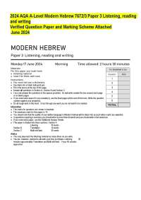 2024 AQA A-Level Modern Hebrew 7672/3 Paper 3 Listening, reading  and writing  Verified Qu