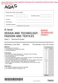 Actual 2024 AQA A-LEVEL DESIGN & TECHNOLOGY FASHION & TEXTILES 7562/1 Paper 1  QP + Mark S